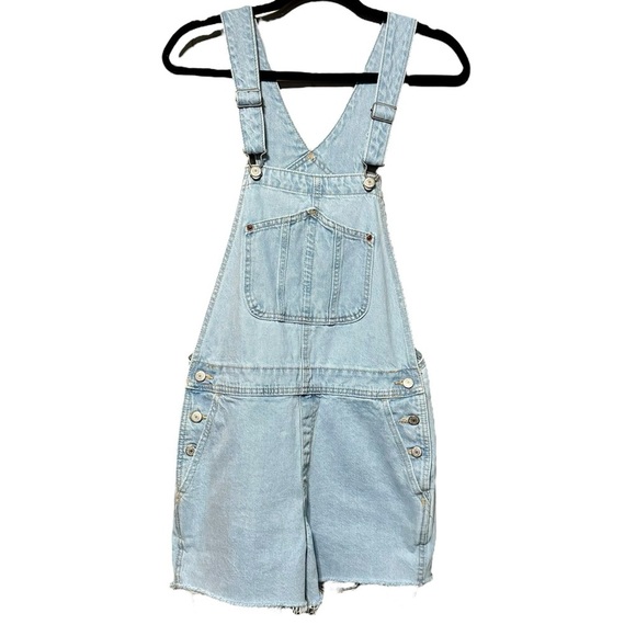 OLD NAVY Slouchy No Stretch Lightwash Raw Hem Short Cotton Denim Overall - Picture 2 of 10